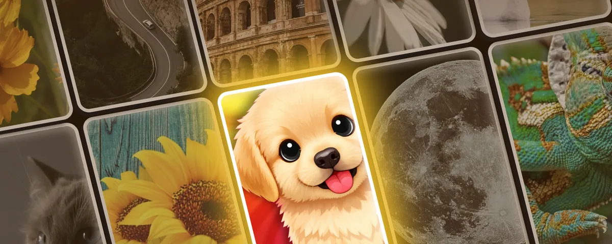 A grid of tilted jigsaw tiles showing photographs of a sunflower, the Colosseum, the moon and a chameleon, with one glowing tile in the centre showing a golden puppy