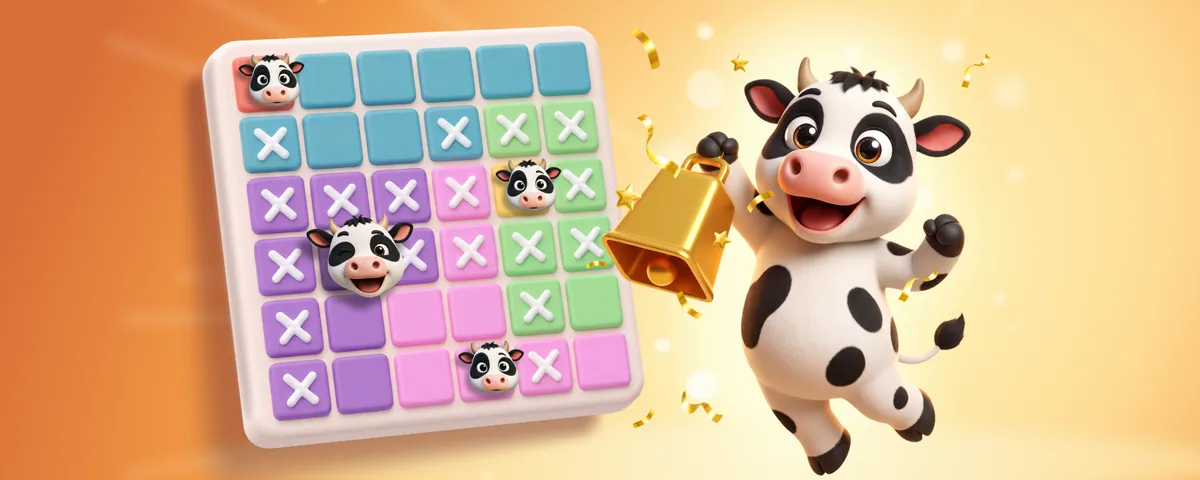 A Moodoku puzzle board with cows placed on coloured squares and white crosses marking the squares ruled out, beside a cartoon cow holding a gold cowbell
